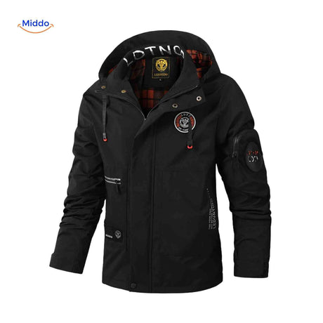 NordGuard Jas zwarte waterdichte heren winterjas met capuchon en armritszak www.middo.nl