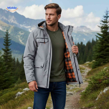 NordGuard Jas zwarte waterdichte heren winterjas met capuchon en drukknoopzakken www.middo.nl