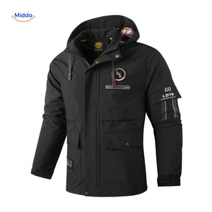 NordGuard Jas zwarte winddichte heren parka met capuchon en patch op mouw www.middo.nl