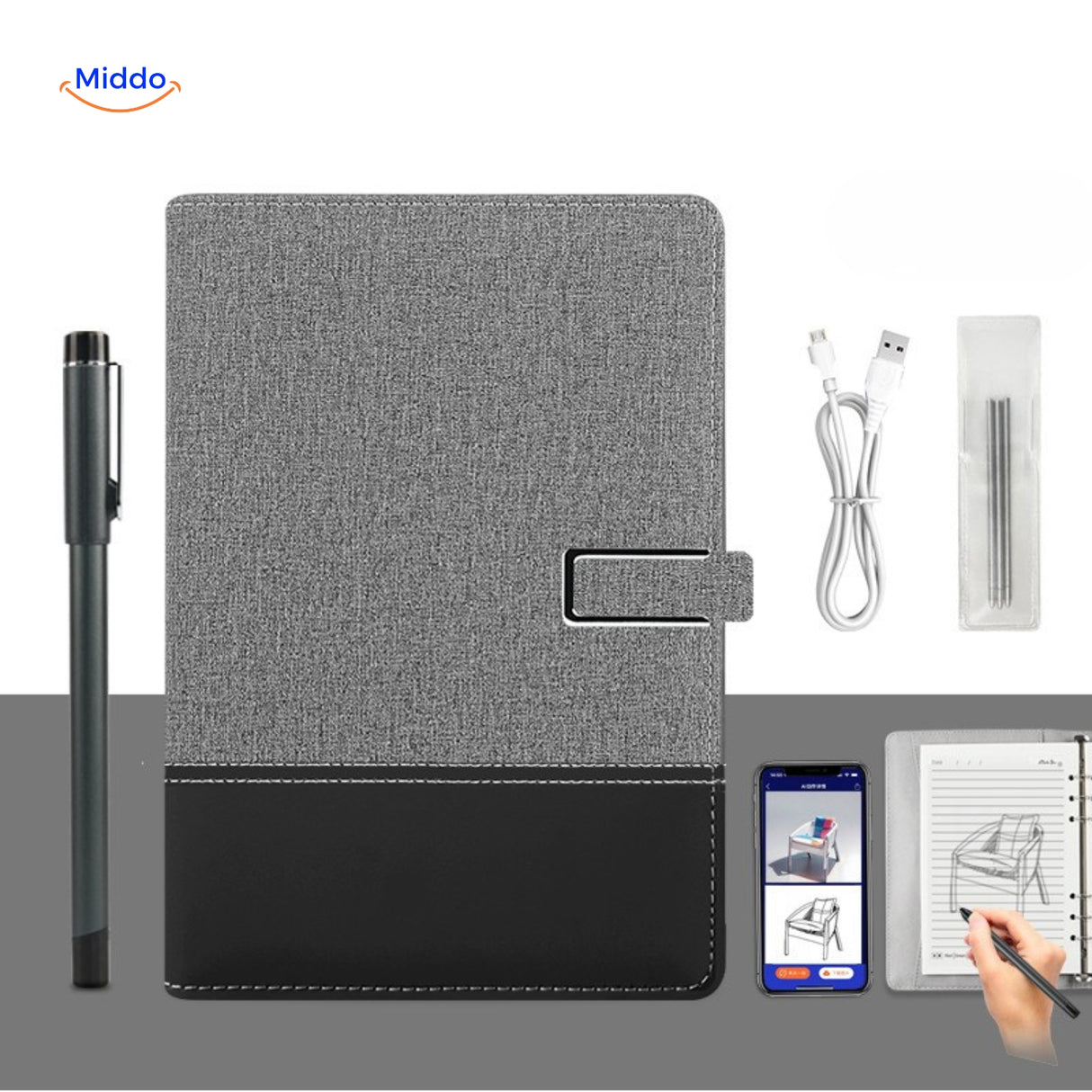 NoteSync Smart Pen grijs zwart leer notitieboek usb pen www.middo.nl