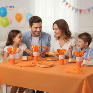 PartyLux Bordenset feesttafel wegwerp servies borden bekers bestek oranje www.middo.nl