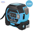 Blauw met zwarte ProMeasure laser rolmaat met display en meetknoppen, met een badge 40M