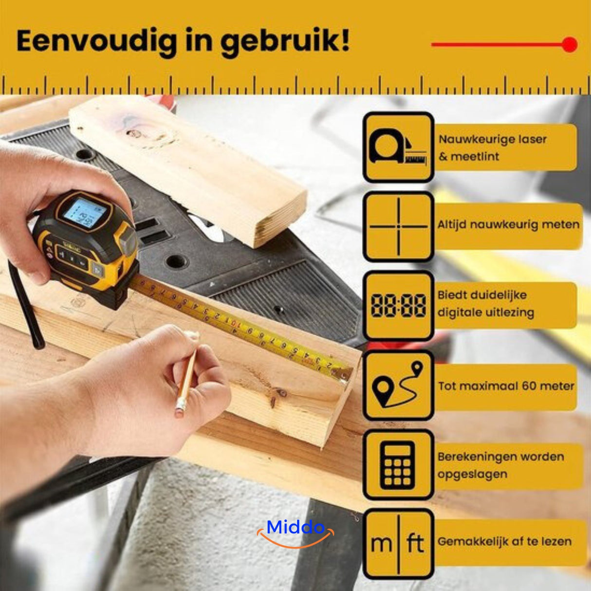 ProMeasure Digitale Laser Rolmaat - Eenvoudig in gebruik 3-in-1 tot 60m bereik - www.middo.nl