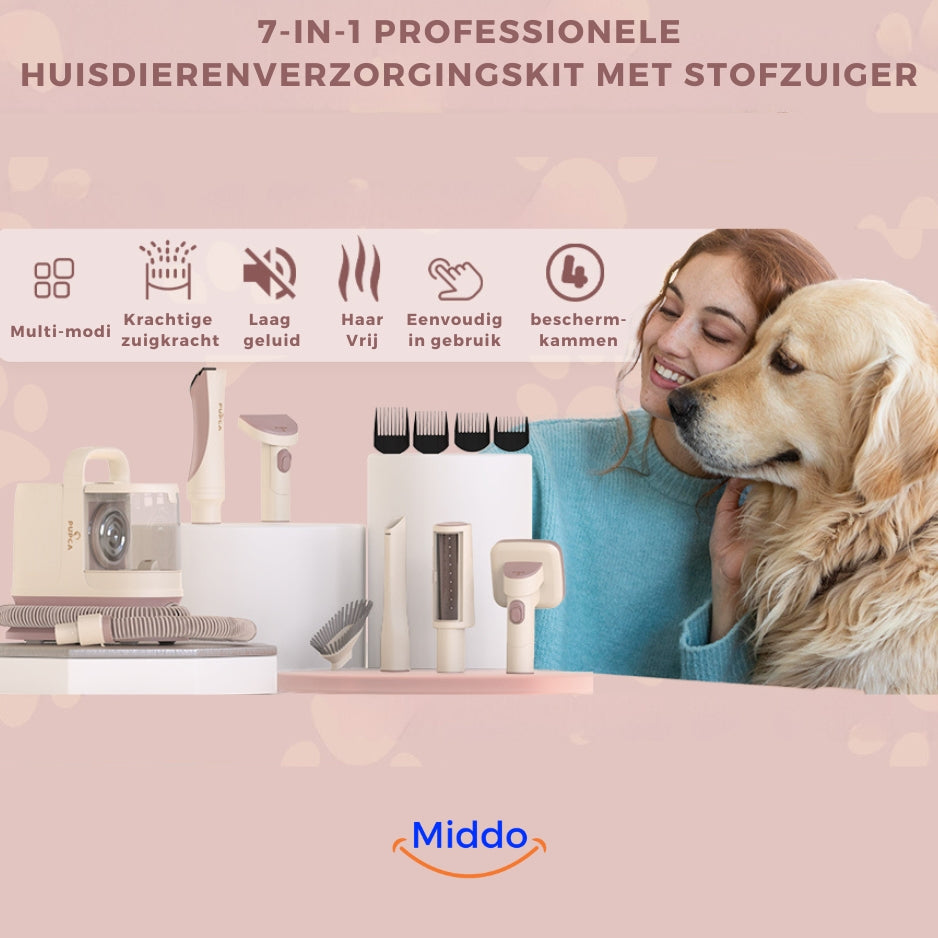 Professionele huisdierverzorgingskit met stofzuiger en accessoires.