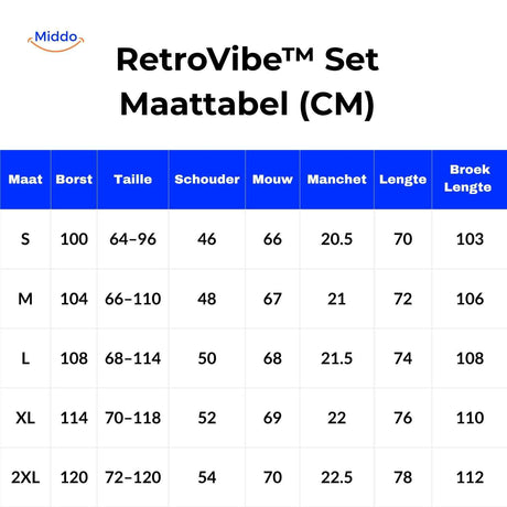 RetroVibe Set maattabel dames trainingspak maten overzicht cm www.middo.nl