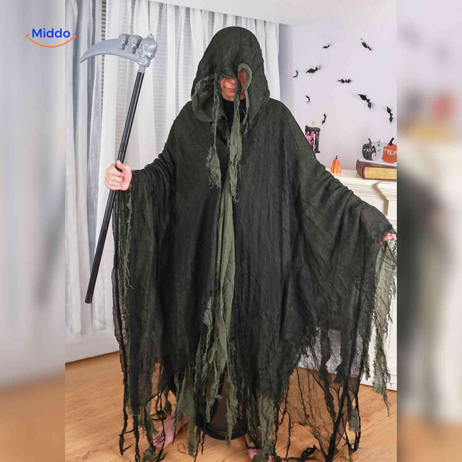 ShadowReap Cape groen met zeis griezel halloween kostuum www.middo.nl
