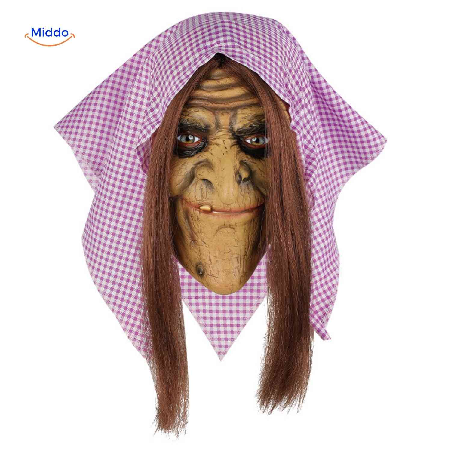 Skullveil Masker enge heks met lange bruine haren www.middo.nl