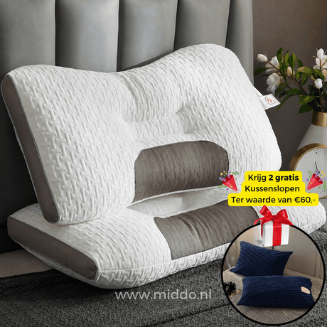 ergonomisch nekkussen met 2 gratis donkerblauwe fluwelen kussenslopen, op een bed