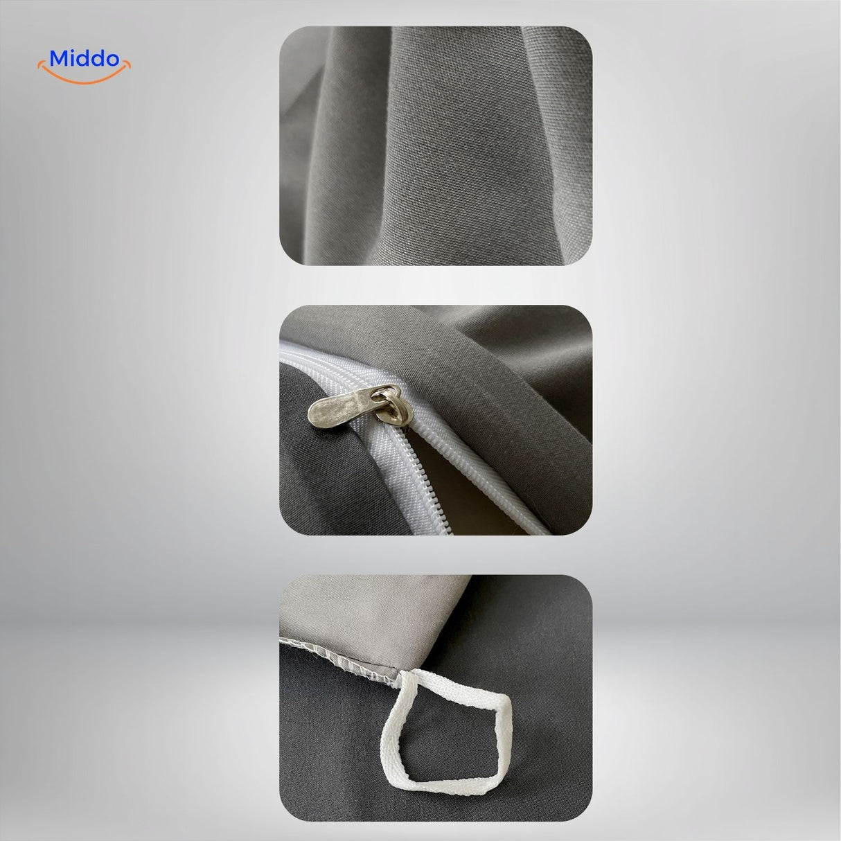 SleepNest Gezellig Dorm Set grijze stof rits en bevestigingslus detail www.middo.nl