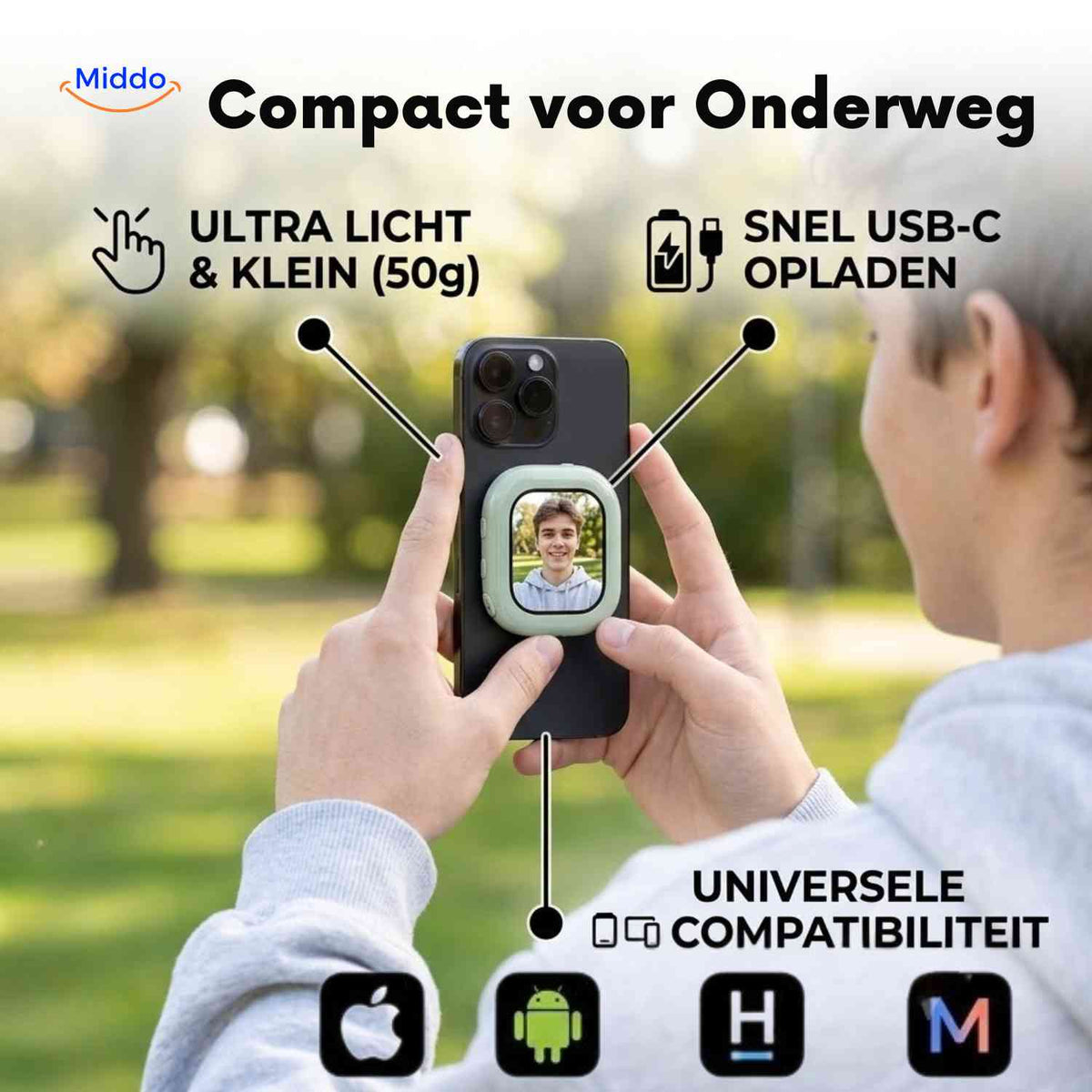 SnapView Selfiemonitor compact licht usb c universeel www.middo.nl
