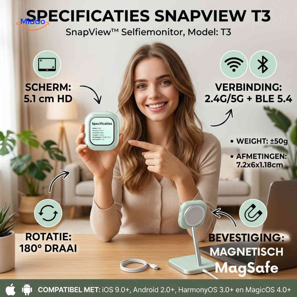 SnapView Selfiemonitor specificaties hd scherm magsafe www.middo.nl