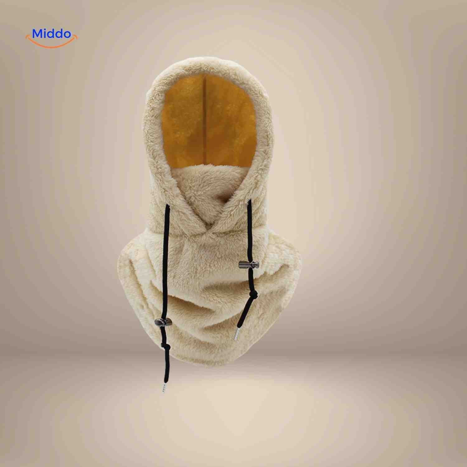 SnowShield Wintermuts beige fleece hood warm sjaal bescherming www.middo.nl
