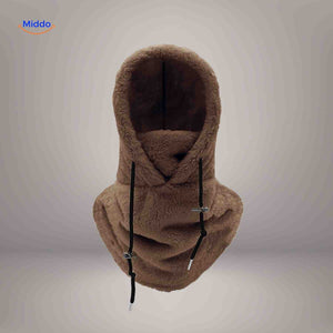 SnowShield Wintermuts bruin fleece hood warm sjaal bescherming www.middo.nl