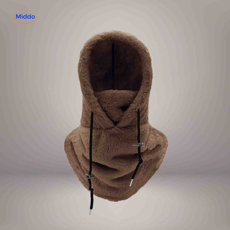 SnowShield Wintermuts bruin fleece hood warm sjaal bescherming www.middo.nl