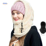 SnowShield Wintermuts dames beige fleece hood warm sjaal met muts www.middo.nl