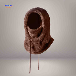 SnowShield Wintermuts donkerbruin fleece hood lange touwtjes sjaal bescherming www.middo.nl