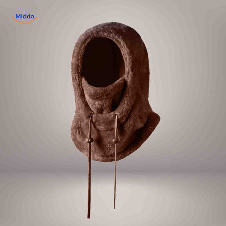 SnowShield Wintermuts donkerbruin fleece hood lange touwtjes sjaal bescherming www.middo.nl