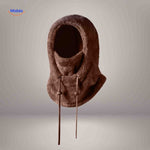 SnowShield Wintermuts donkerbruin fleece hood lange touwtjes sjaal bescherming www.middo.nl