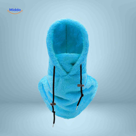 SnowShield Wintermuts hemelsblauw fleece hood warm sjaal bescherming www.middo.nl