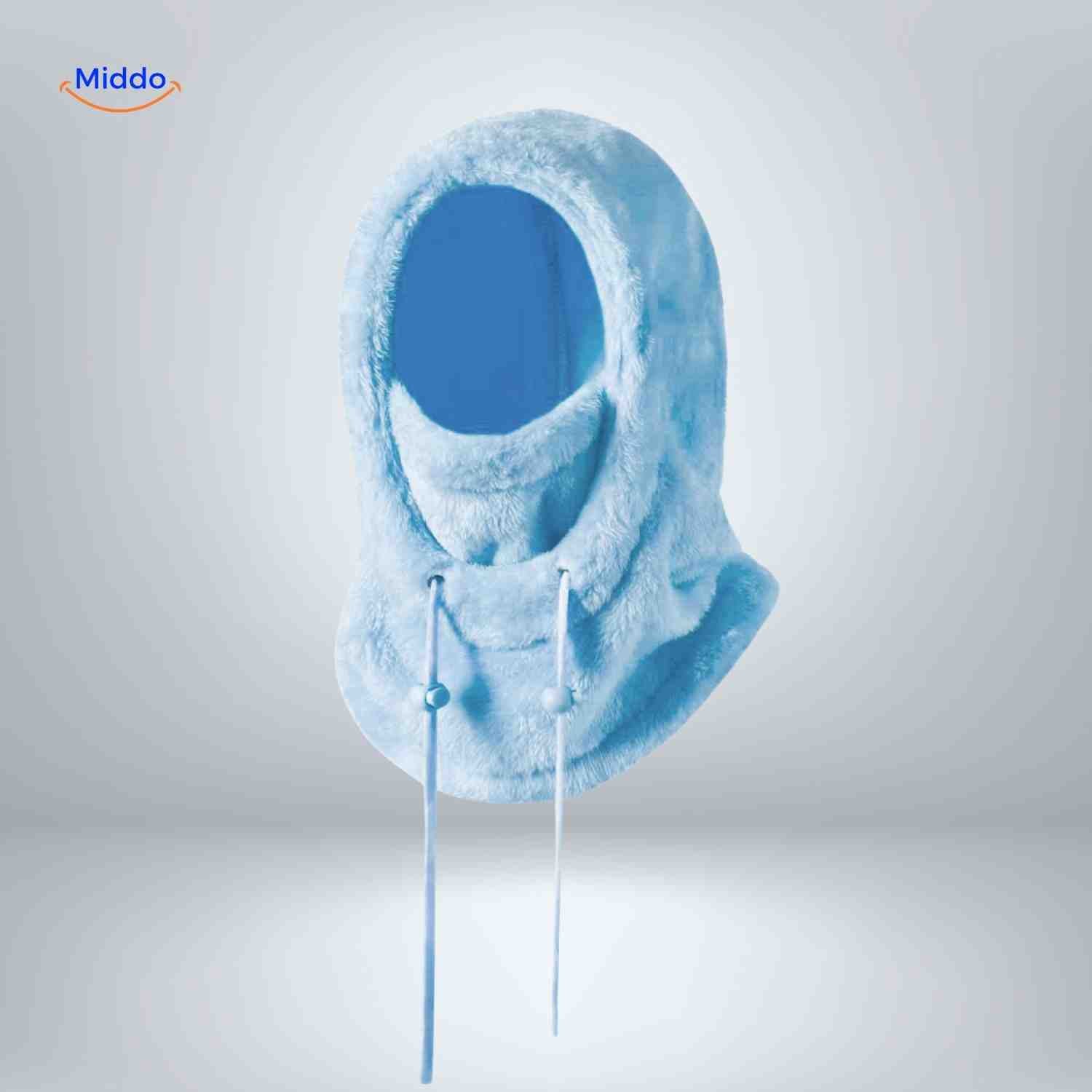 SnowShield Wintermuts lichtblauw fleece hood lange touwtjes sjaal bescherming www.middo.nl