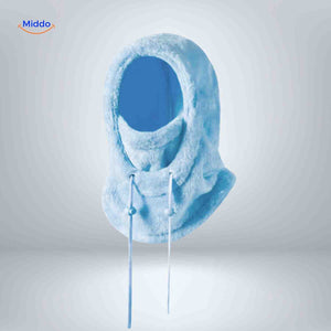 SnowShield Wintermuts lichtblauw fleece hood lange touwtjes sjaal bescherming www.middo.nl