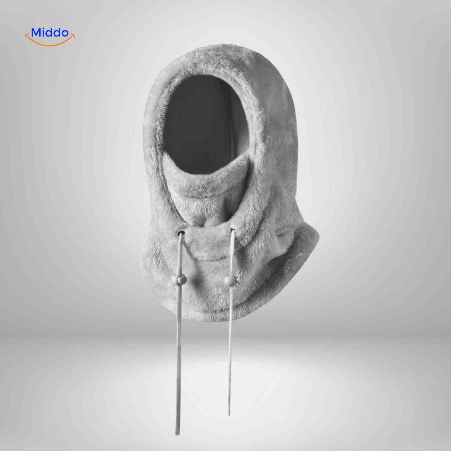 SnowShield Wintermuts lichtgrijs fleece hood lange touwtjes sjaal bescherming www.middo.nl