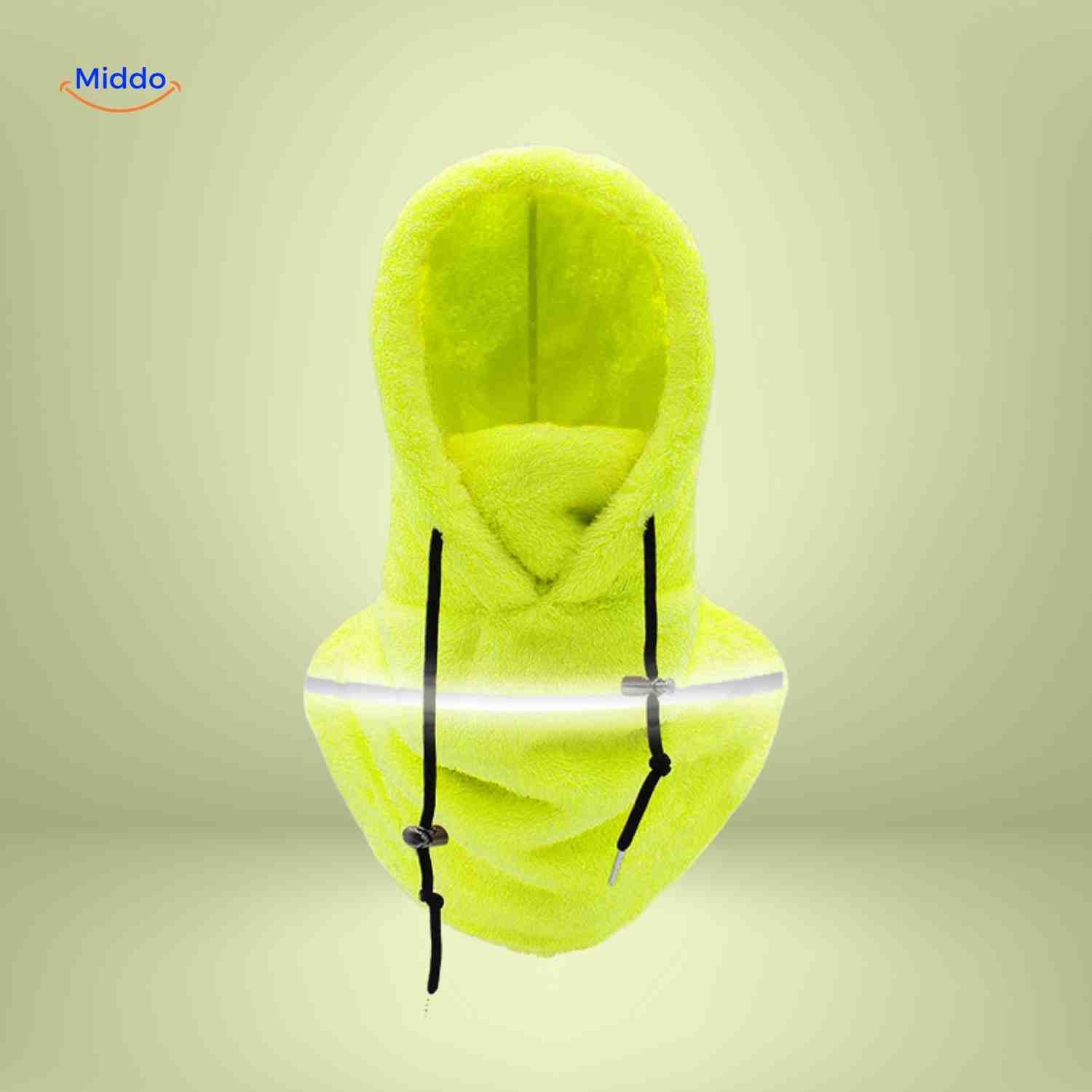 SnowShield Wintermuts neongeel fleece hood reflecterende band warm sjaal www.middo.nl