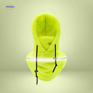 SnowShield Wintermuts neongeel fleece hood reflecterende band warm sjaal www.middo.nl