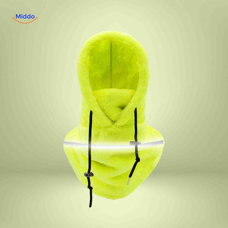 SnowShield Wintermuts neongeel fleece hood reflecterende band warm sjaal www.middo.nl