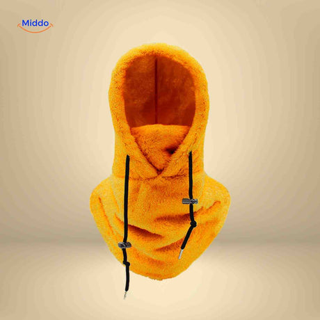 SnowShield Wintermuts oranje fleece hood warm sjaal bescherming www.middo.nl