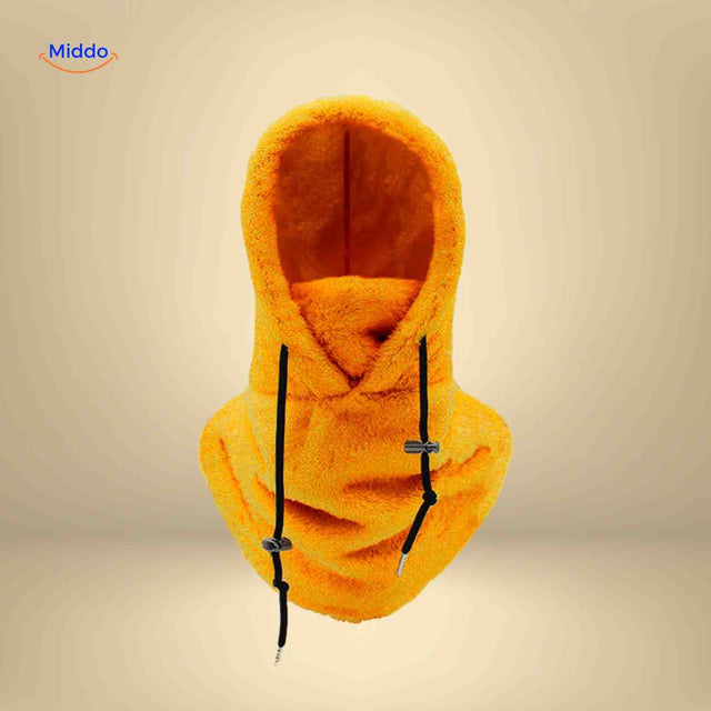 SnowShield Wintermuts oranje fleece hood warm sjaal bescherming www.middo.nl