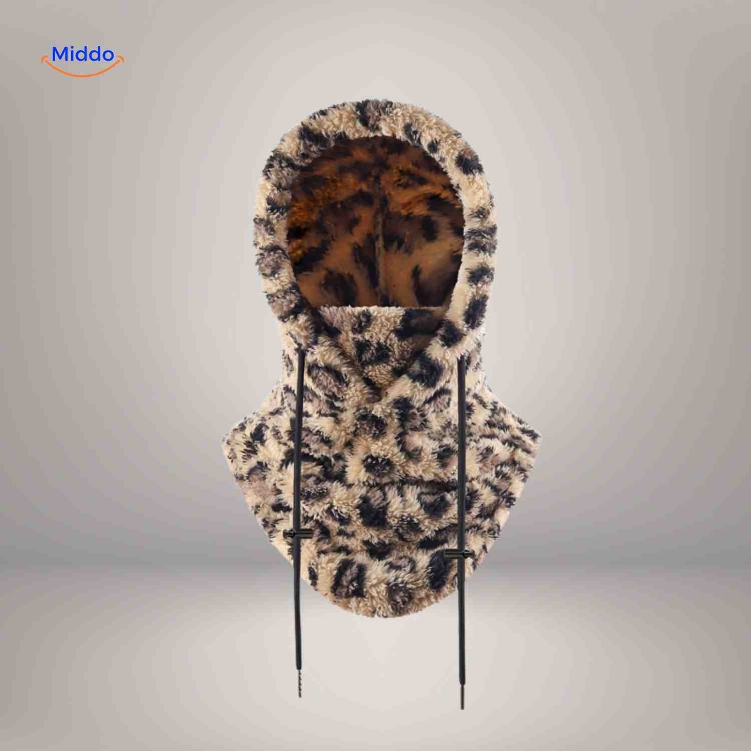 SnowShield Wintermuts panther print fleece hood warm sjaal bescherming www.middo.nl