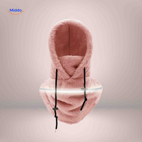 SnowShield Wintermuts roze fleece hood reflecterende band warm sjaal www.middo.nl