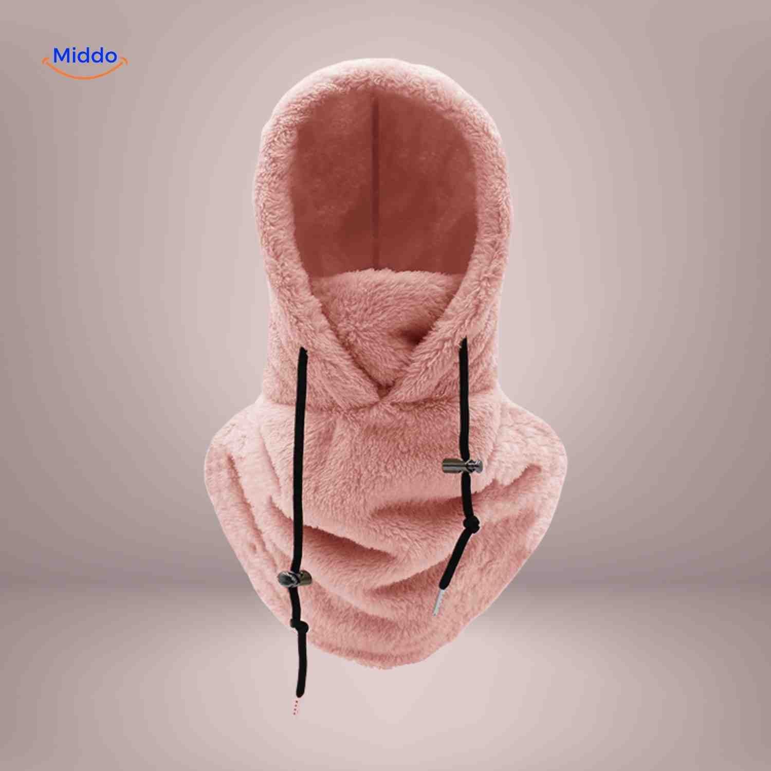 SnowShield Wintermuts roze fleece hood warm sjaal bescherming www.middo.nl