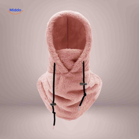 SnowShield Wintermuts roze fleece hood warm sjaal bescherming www.middo.nl
