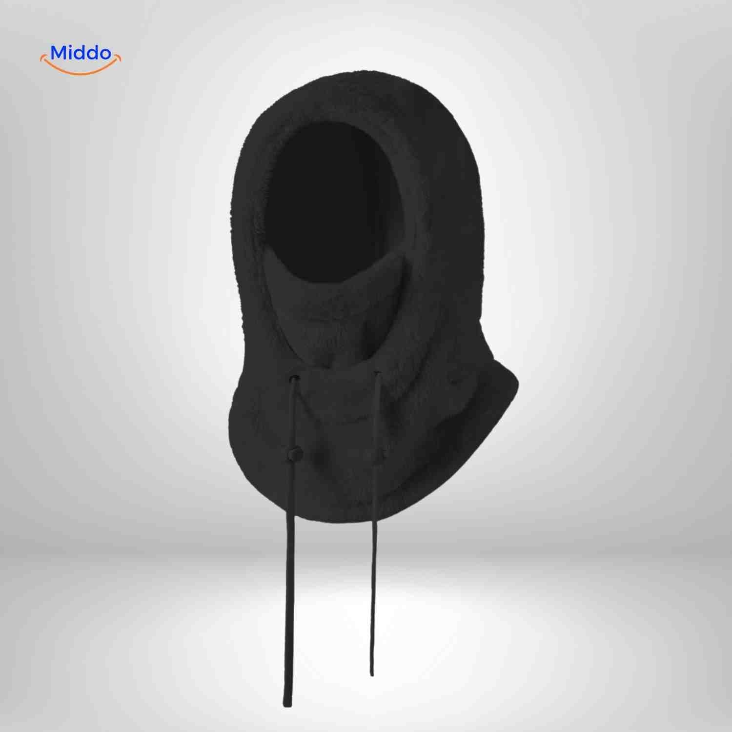 SnowShield Wintermuts zwart fleece hood lange touwtjes sjaal bescherming www.middo.nl