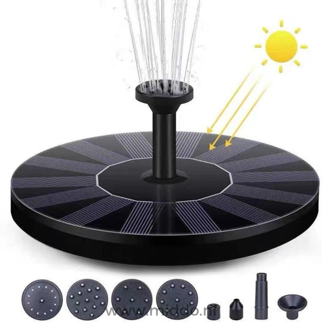 Onderdelen en afmetingen van de Solar Oasis fontein