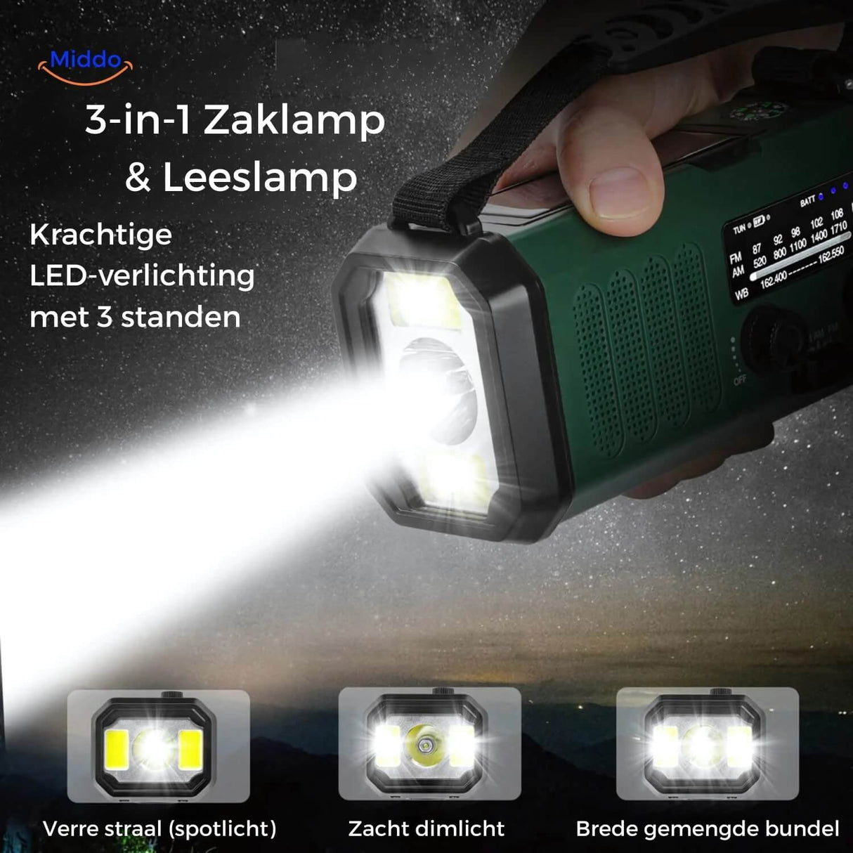 SolarPower Pro 3 mode zaklamp met led verlichting www.middo.nl