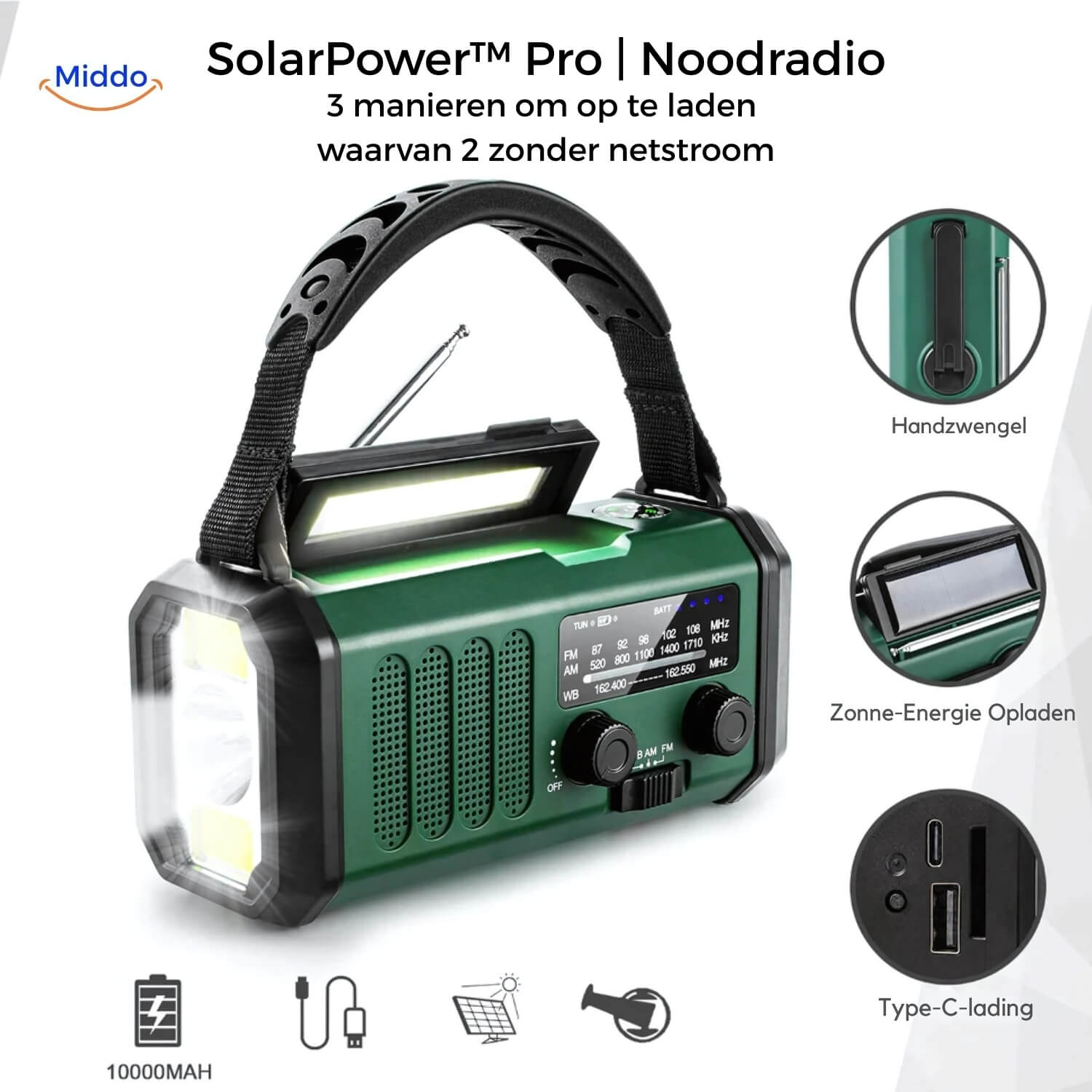 SolarPower Pro noodradio handige oplaadbare radio met zonnepaneel www.middo.nl
