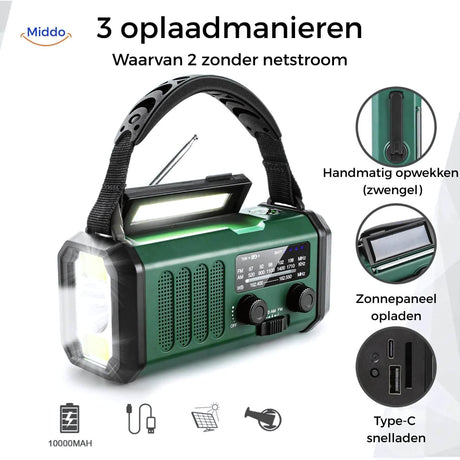 SolarPower Pro noodradio handige oplaadbare radio met zonnepaneel www.middo.nl