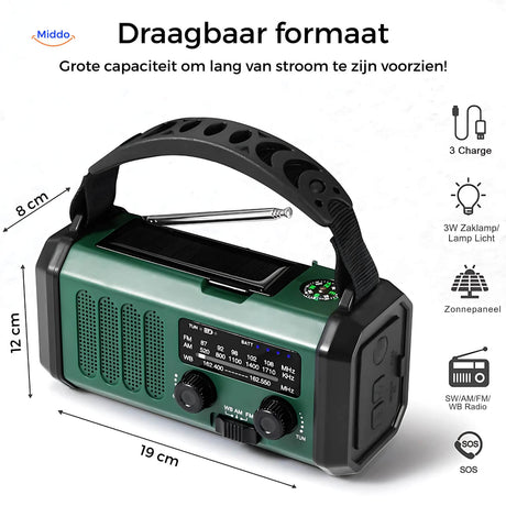 SolarPower Pro draagbare radio met energie opladen www.middo.nl