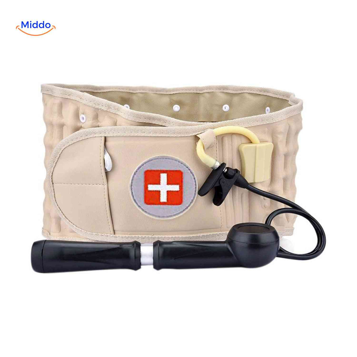 SpineRelief Riem beige opblaasbare rugbrace met handpomp www.middo.nl