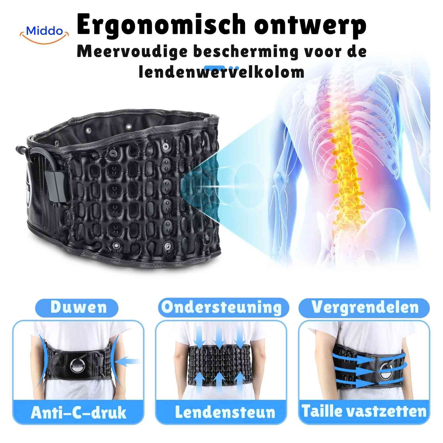 SpineRelief Riem ergonomisch ontwerp met meervoudige rugbescherming www.middo.nl