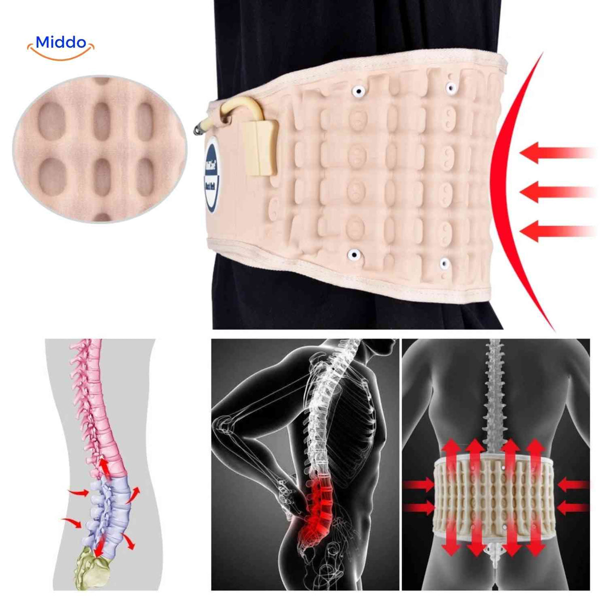 SpineRelief Riem lumbale ondersteuning met 3d ruggengraatgrafiek www.middo.nl