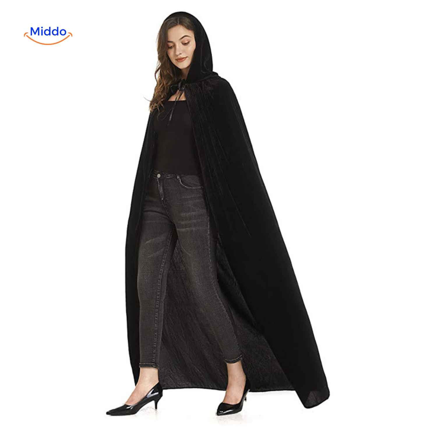 Spookora Cape lange fluwelen mantel met capuchon halloween verkleed www.middo.nl