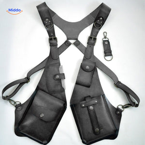 Steampunk Tote grijze lederen tas met hangen vakken www.middo.nl