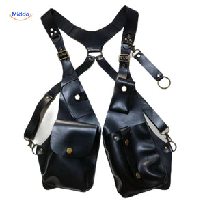 Steampunk Tote zwarte lederen tas met hangen vakken www.middo.nl