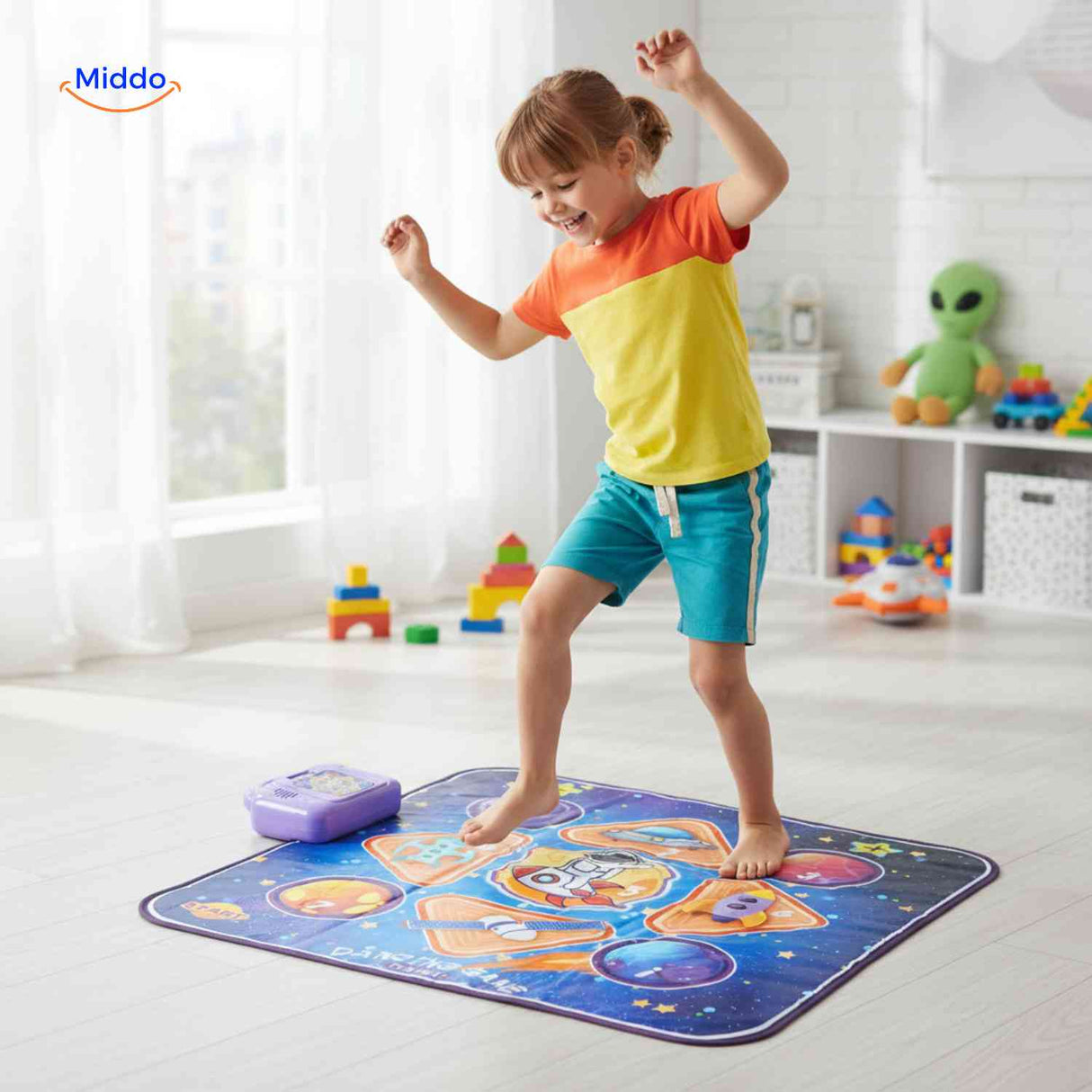 StepTune Dansmat kind speelt op interactieve ruimte dansmat www.middo.nl