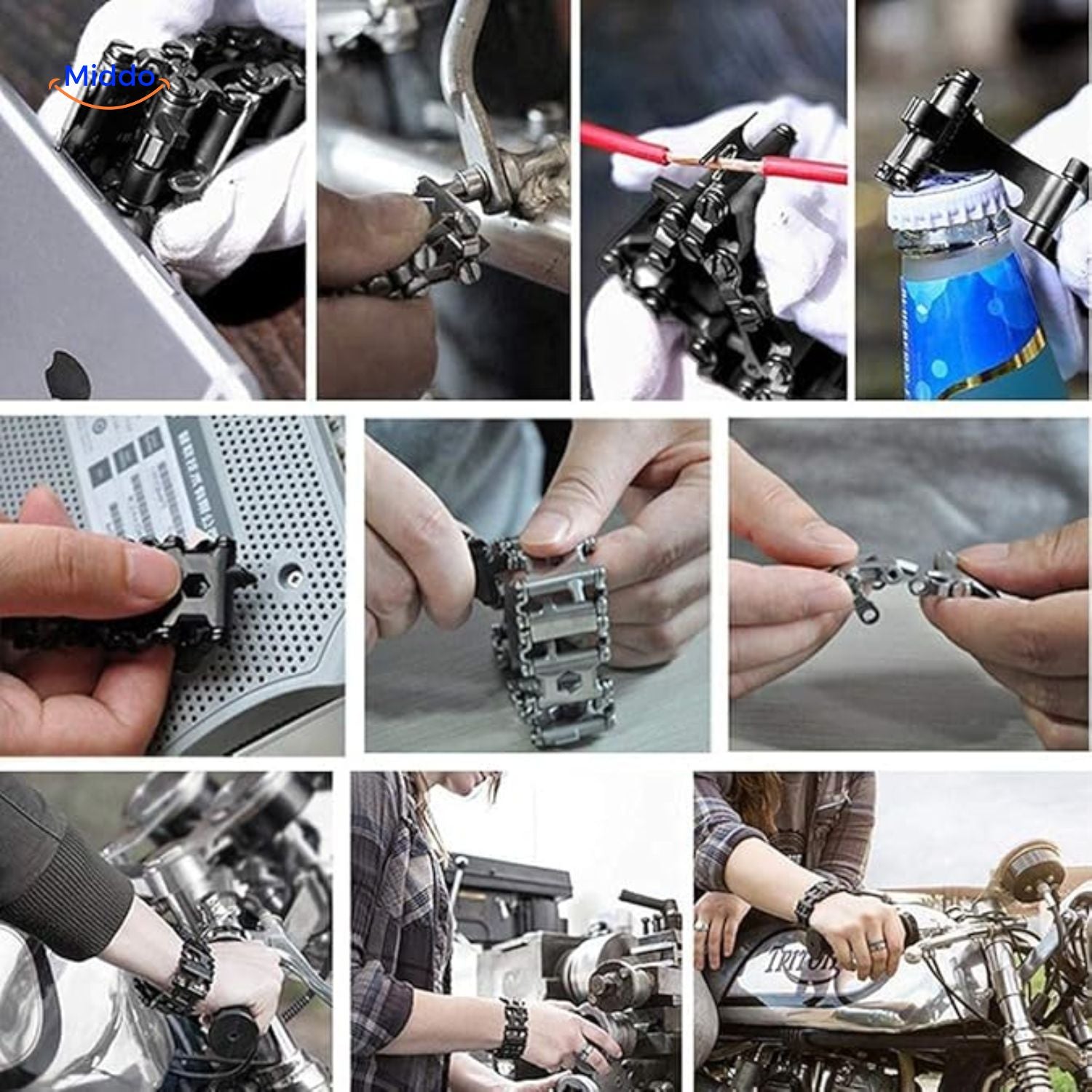 SurvivePro Multi Tool Armband zwart en chroomkleurige multitool armband set www.middo.nl