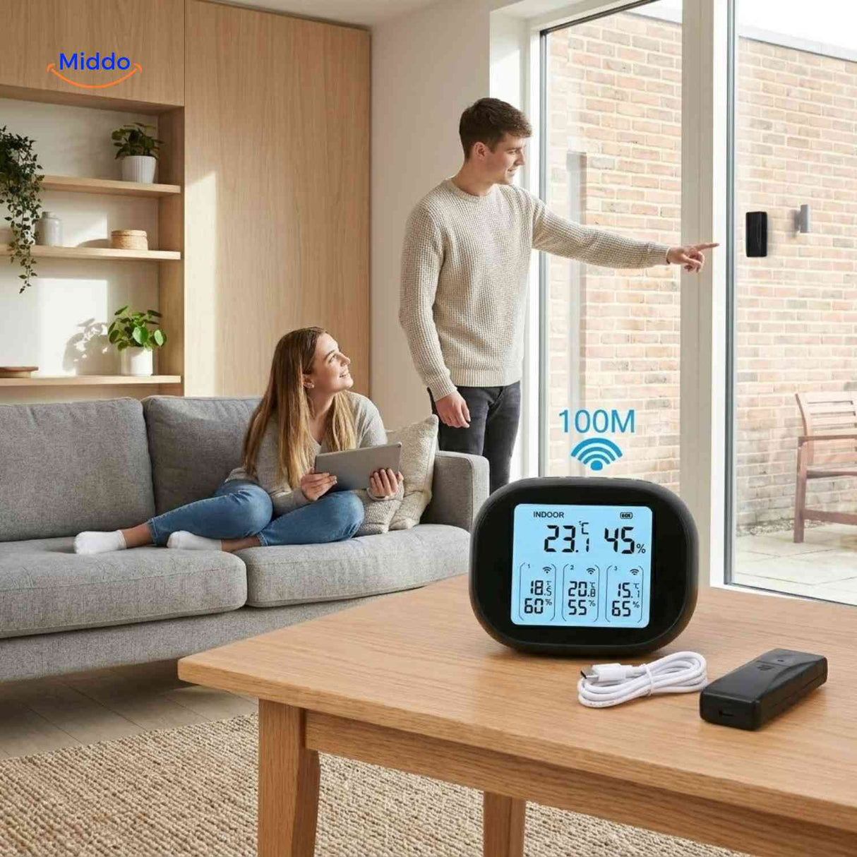 ThermoSense Meter binnenklimaat meter met draadloze sensor in woonkamer www.middo.nl